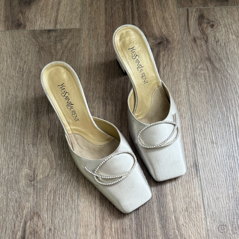 Yves Saint Laurent Ivory Satin Crystal-Trim Slip-On Mules